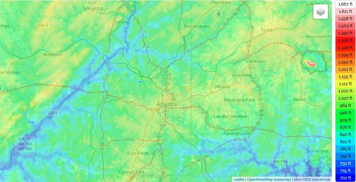 Mappa altimetrica di Atlanta